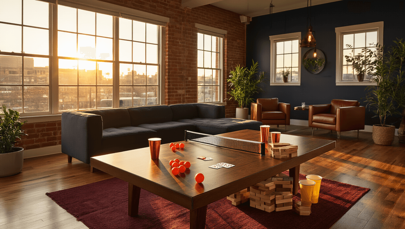 Cinematic wide shot of a modern living room during golden hour, featuring a rich mahogany game table with orange ping pong balls, craft beer in copper cups, and a wooden Jenga tower, surrounded by a charcoal sectional sofa, exposed brick wall, and warm lighting.