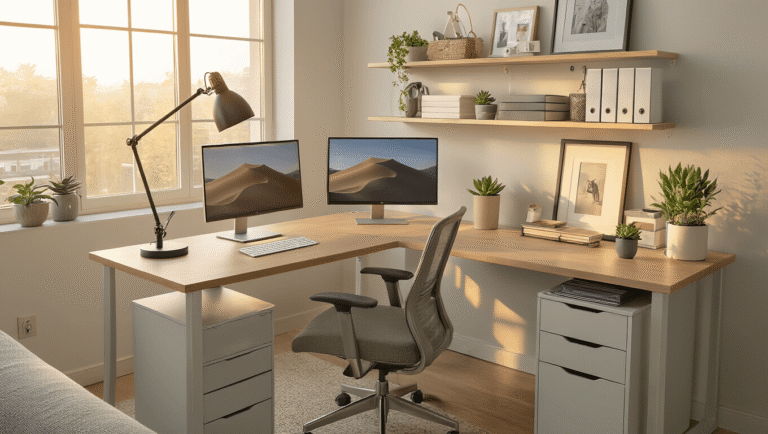 How to Create the Perfect Office Desk Setup That Actually Works for You Cinematic wide-angle view of an organized modern office desk setup featuring a primary work area, storage zone with organizers, and a personal zone with a plant and photo, accented by warm golden hour lighting and a cohesive color palette.