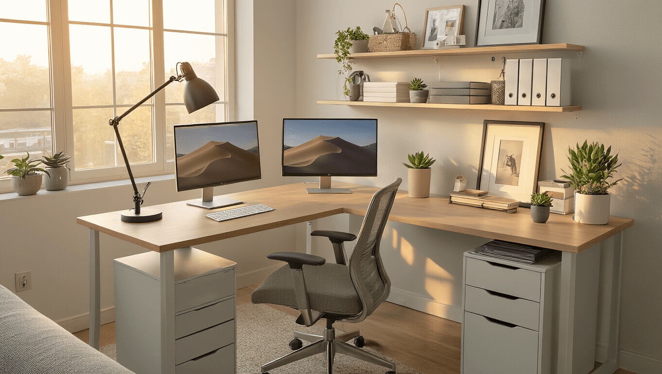 Cinematic wide-angle view of an organized modern office desk setup featuring a primary work area, storage zone with organizers, and a personal zone with a plant and photo, accented by warm golden hour lighting and a cohesive color palette.