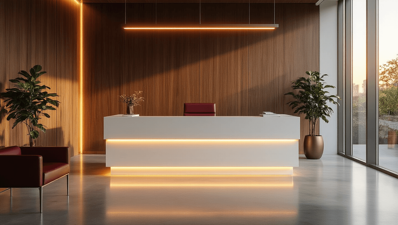 Cinematic wide-angle shot of an elegant modern reception desk with sleek white surfaces and wood grain accents, illuminated by warm golden hour light from large windows, showcasing organized storage and ergonomic workspace in a professional atmosphere with minimalist decor.