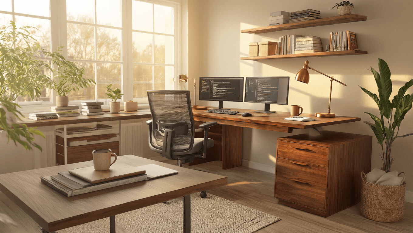 Cinematic wide-angle shot of a modern study desk setup with warm golden hour lighting, featuring a walnut L-shaped desk, ergonomic chair, dual monitors, organized cables, built-in shelves with books and plants, a coffee mug, and a brass lamp, all in a neutral beige and cream color palette.