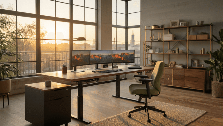 Transform Your Workspace: The Most Popular Desk Ideas Taking 2025 by Storm Cinematic wide shot of a modern home office featuring a height-adjustable walnut desk, multiple monitors on articulating arms, and an ergonomic sage green chair, all bathed in warm golden hour light through large windows, highlighting industrial and Scandinavian design elements.