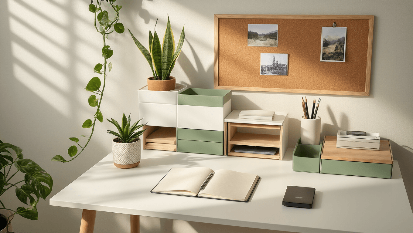 Cinematic overhead view of a pristine study desk featuring a white surface with sage green organizers, warm LED lighting, plants, and sleek cable management, showcasing a clean minimalist aesthetic.