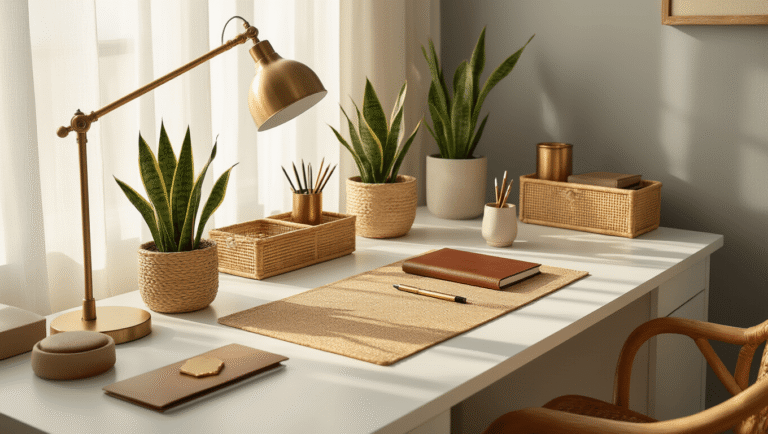 Cinematic wide shot of a beautifully organized desk setup featuring a white desk, warm natural lighting, brass accents, plants, and elegant organizers, creating an inviting workspace ambiance.