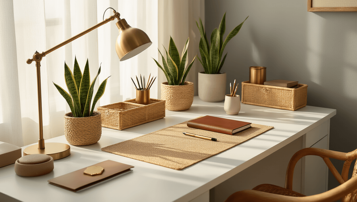 Cinematic wide shot of a beautifully organized desk setup featuring a white desk, warm natural lighting, brass accents, plants, and elegant organizers, creating an inviting workspace ambiance.