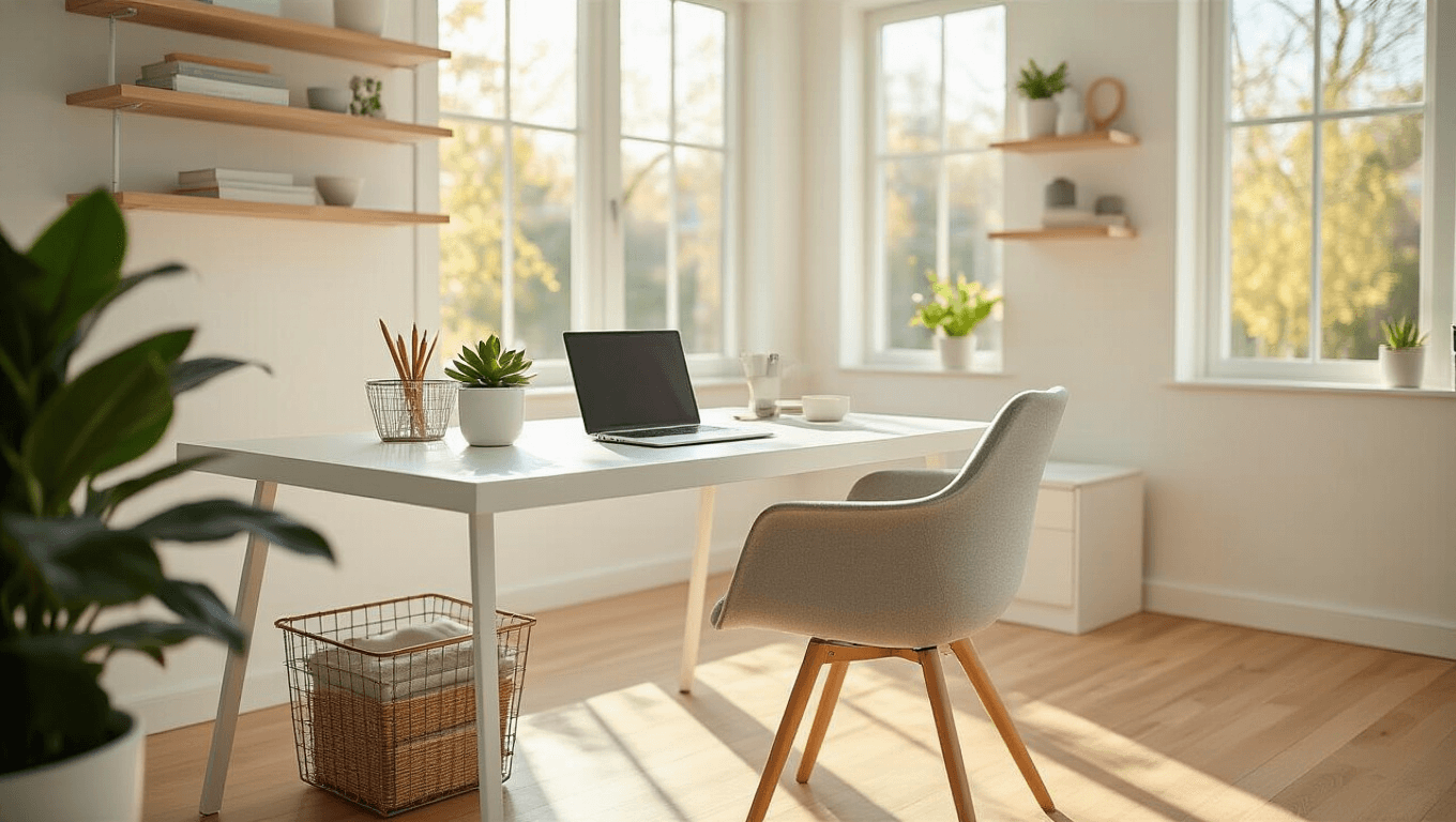 Cinematic wide-angle shot of a bright Scandinavian home office featuring a white MICKE desk, warm hardwood floors, large windows with golden sunlight, a sleek laptop, green succulent, and light gray ergonomic chair, creating a cozy and inviting atmosphere.