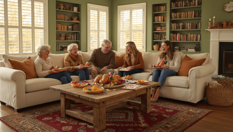 Thanksgiving Games That Actually Get Your Family Laughing (Not Fighting!) A warm and inviting living room filled with family members playing games during Thanksgiving, featuring autumn decorations, a cream sectional sofa, a rustic coffee table, and natural light streaming through tall windows.