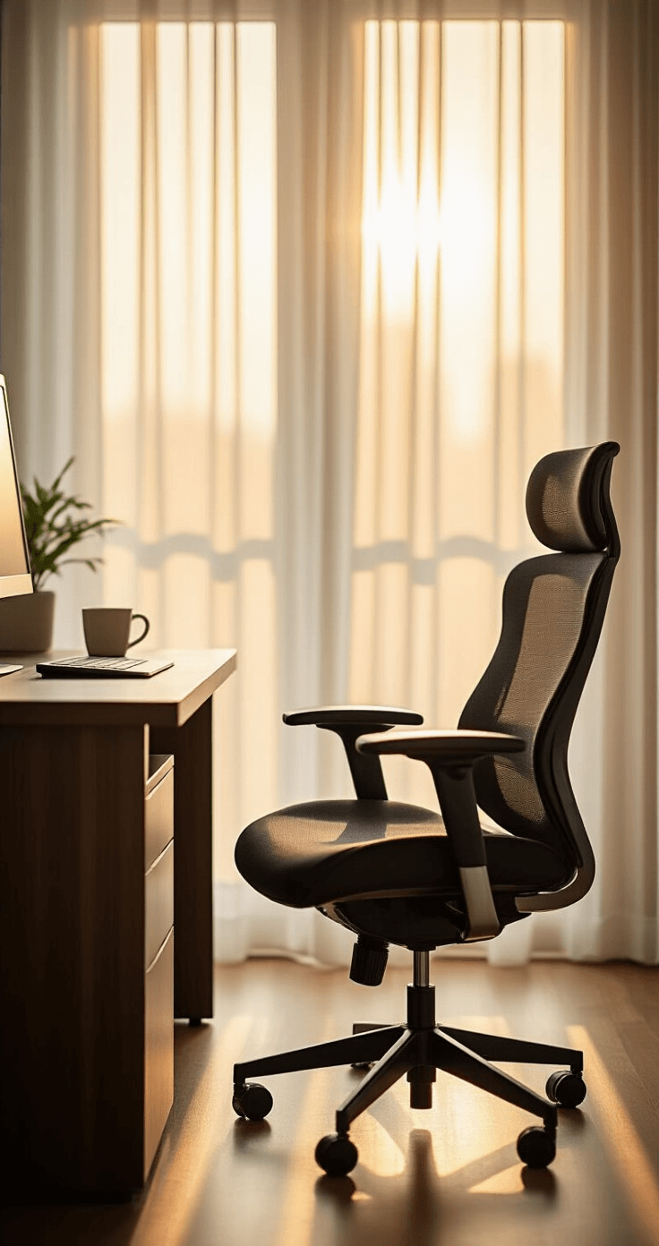 Modern office workspace featuring a premium ergonomic chair with lumbar support, dark walnut desk, and golden hour lighting filtering through sheer curtains, emphasizing comfort and posture alignment.