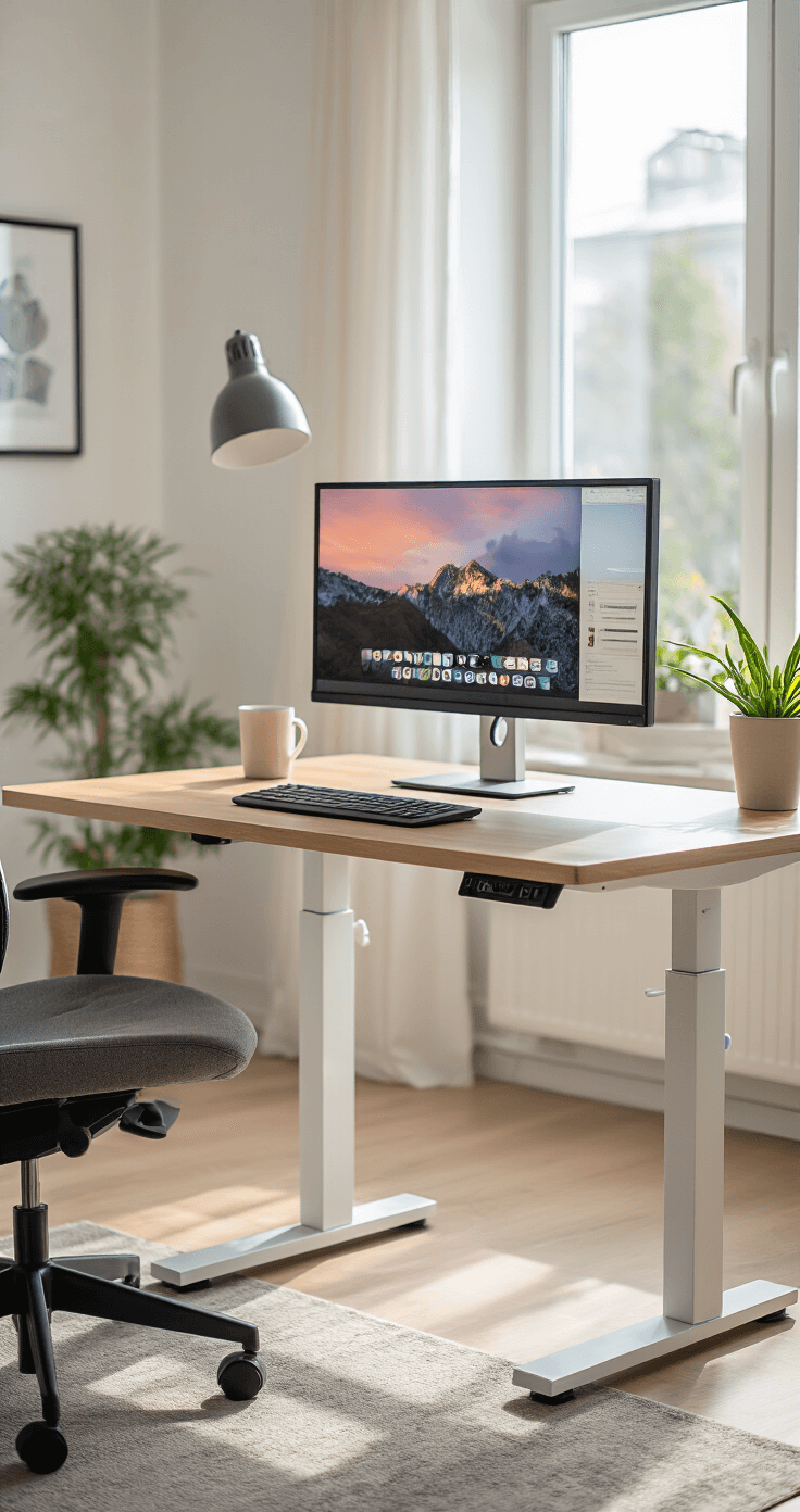 A bright and airy contemporary workspace featuring an adjustable standing desk at 43.5 inches, with a monitor positioned at arm's length and natural eye level, complemented by a white desk frame and wooden desktop, showcasing visible cable management in a professional setting.