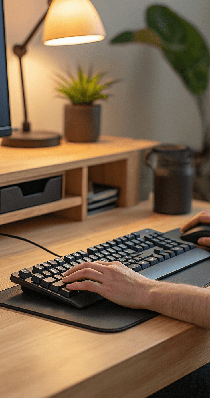 A macro close-up of an ergonomic keyboard and mouse setup on a bamboo desk, featuring warm desk lamp lighting, flat keyboard positioning, and padded wrist rests, with clean cable routing and drawer organizers visible, emphasizing hand positioning and premium materials.