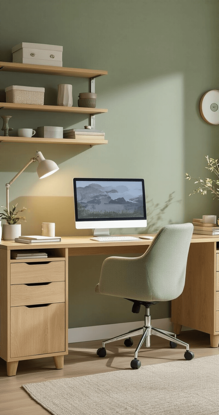 A well-lit home office featuring light oak furniture and a sage green accent wall, with organized shelving and a balanced blend of natural and artificial light, showcasing an anti-glare screen filter and even exposure for optimal workspace illumination and eye comfort.
