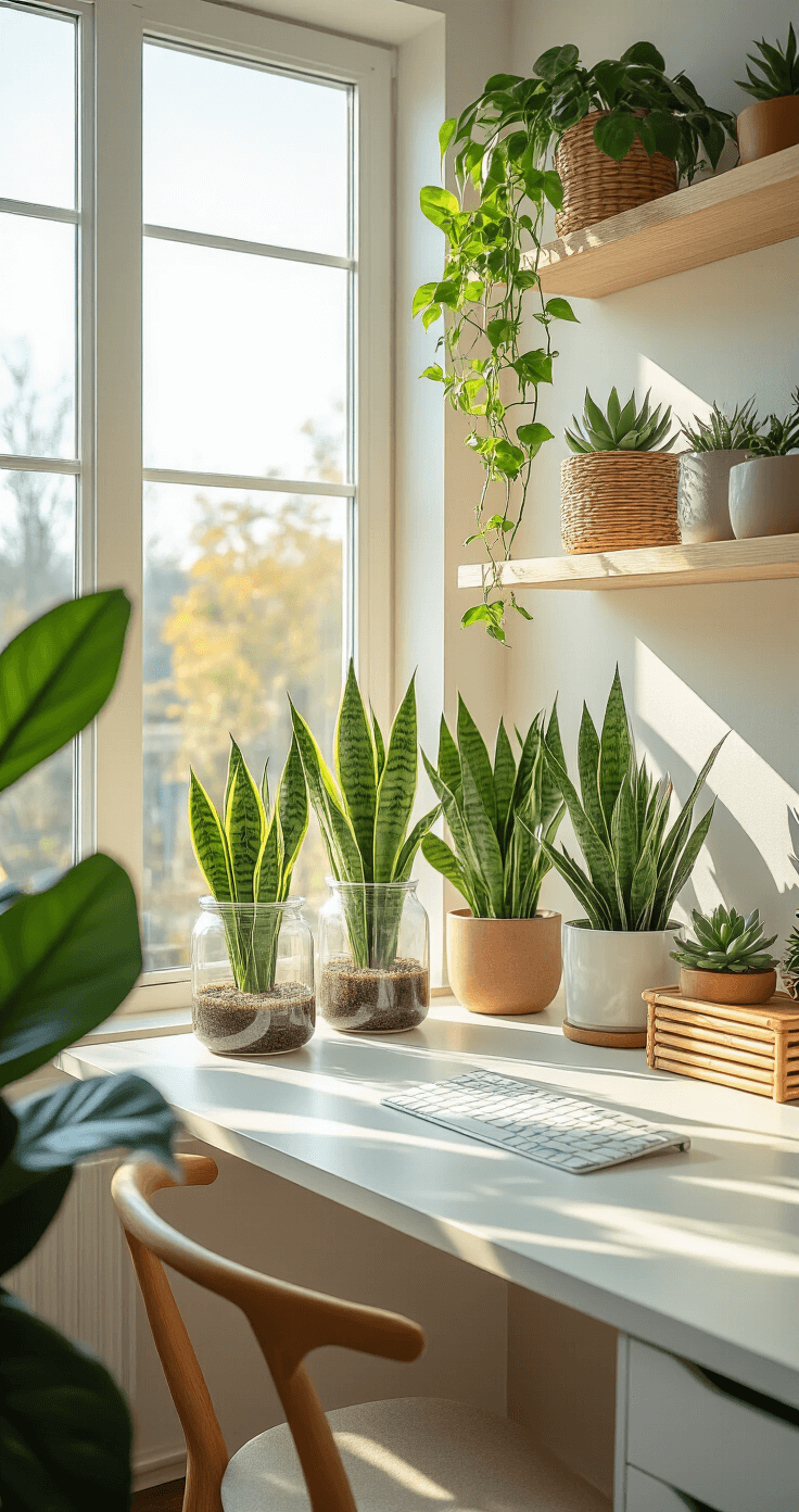 Wide-angle view of a modern home office featuring snake plants, pothos in glass vases, and ZZ plants on floating shelves, with natural light illuminating a white desk adorned with succulents, warm oak accessories, bamboo organizers, and ceramic planters.