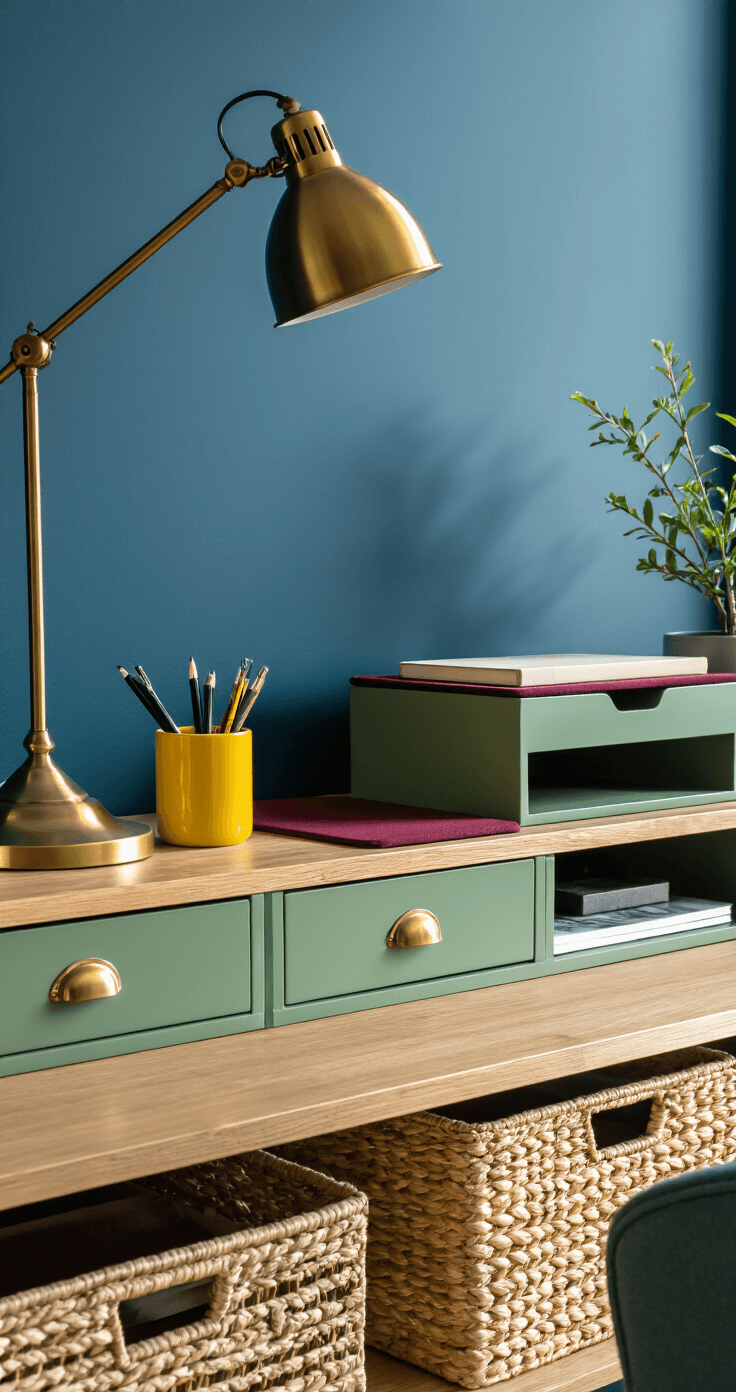 Close-up shot of a sophisticated desk corner with a deep blue accent wall, sage green storage solutions, warm yellow ceramic pen holders, and a rich burgundy desk pad, featuring a vintage brass desk organizer under adjustable lighting, wooden file sorters, and woven baskets, all captured in golden hour lighting for a calm professional mood.