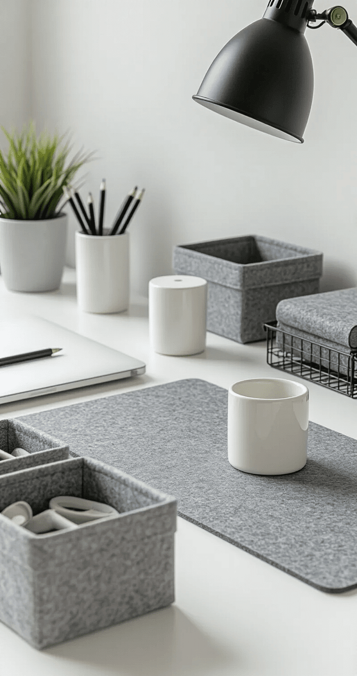 Minimalist monochromatic workspace featuring white ceramic desk accessories, black metal lamp arms, and a gray felt desk pad, enhanced by marble pen holders, wire organizers, and fabric storage boxes, all under even lighting and clean lines, creating a sophisticated business atmosphere.