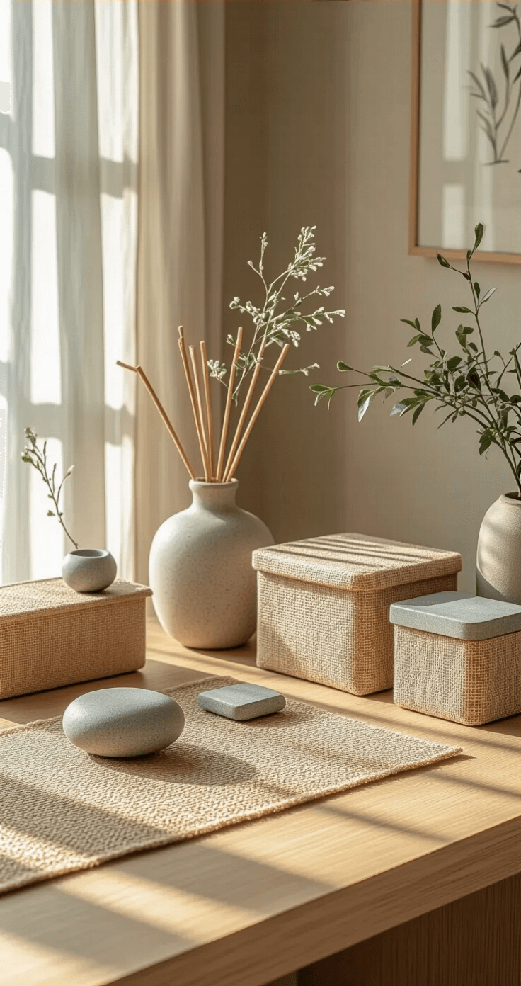 A serene workspace with light oak bamboo accessories, a jute desk mat, linen storage boxes, stone paperweights, and ceramic clay planters, all bathed in soft afternoon light filtering through sheer curtains, creating a warm, earthy atmosphere.