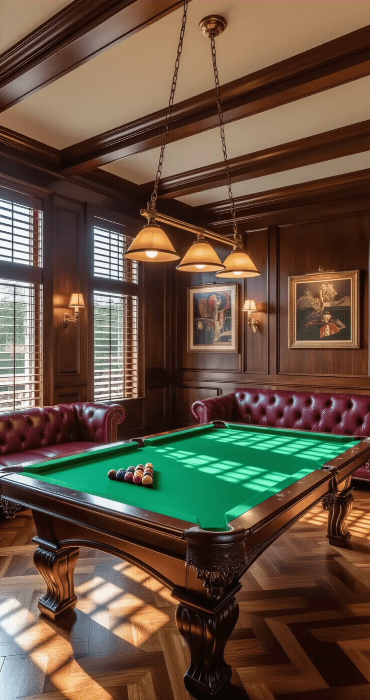 Photorealistic interior of a sophisticated game room featuring a mahogany pool table with emerald green felt, burgundy leather seating, and warm hardwood flooring, illuminated by golden hour sunlight filtering through tall windows.