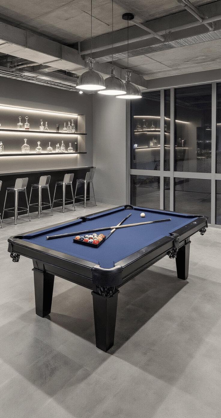 Contemporary basement entertainment space featuring a sleek 7-foot black pool table with blue felt, polished concrete floors, exposed ductwork, and ambient LED lighting, showcasing a monochromatic color scheme of grays, blacks, and deep blues.