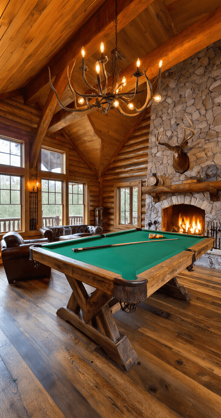 A rustic cabin game room featuring an 8-foot custom pool table with a barn wood base, vaulted log walls, and a stone fireplace, illuminated by natural light and wrought iron chandeliers, creating a warm lodge atmosphere.