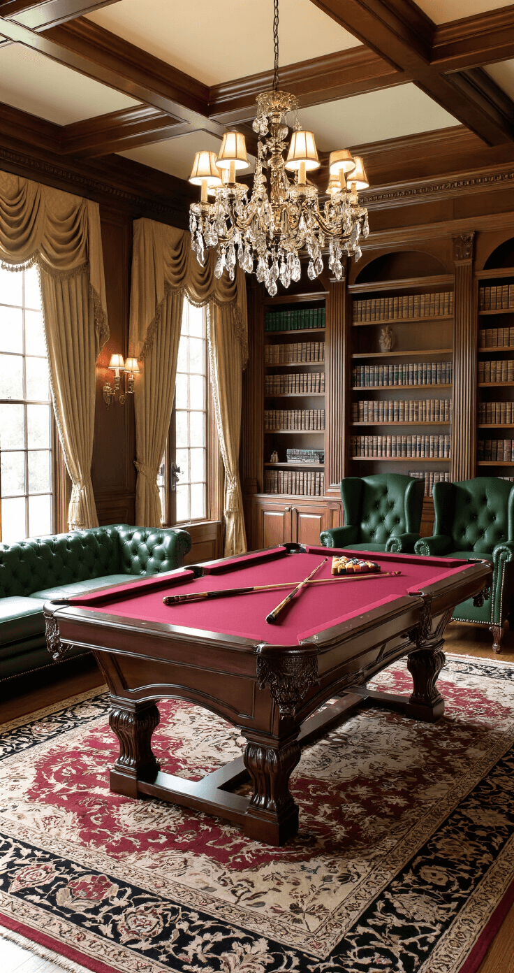 Elegant traditional game room featuring a 9-foot slate pool table with burgundy felt, surrounded by rich cherry wood, coffered ceiling, crown molding, and leather-bound bookshelves, complemented by deep green velvet seating and a crystal chandelier.