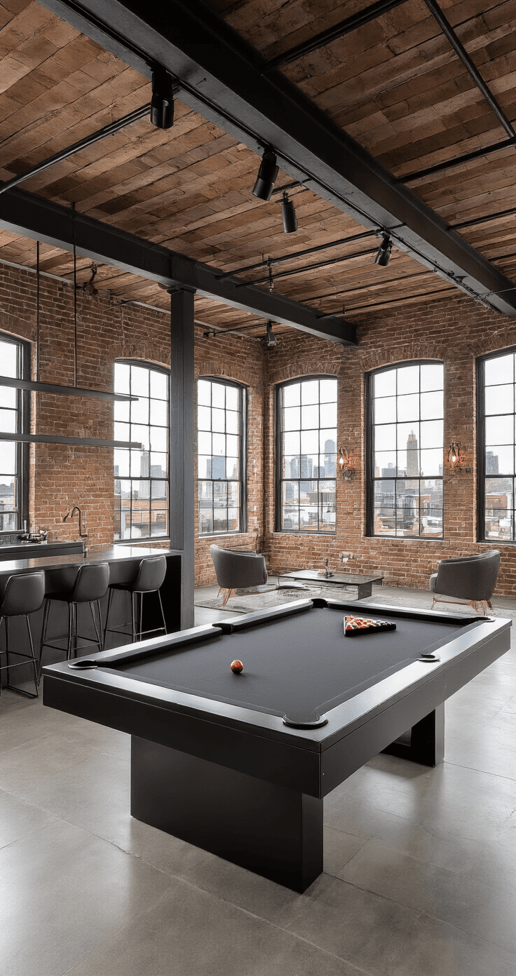 Industrial-chic loft conversion featuring an 8-foot pool table, exposed brick walls, polished concrete floors, and modern furniture, with large factory-style windows showcasing an urban skyline.
