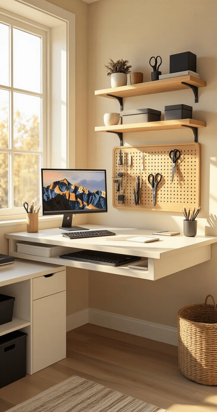 Photorealistic home office corner with floating shelves above a compact desk, illuminated by golden hour sunlight, showcasing organized tools on a pegboard and a monitor on a stand, all against cream walls and oak shelving.