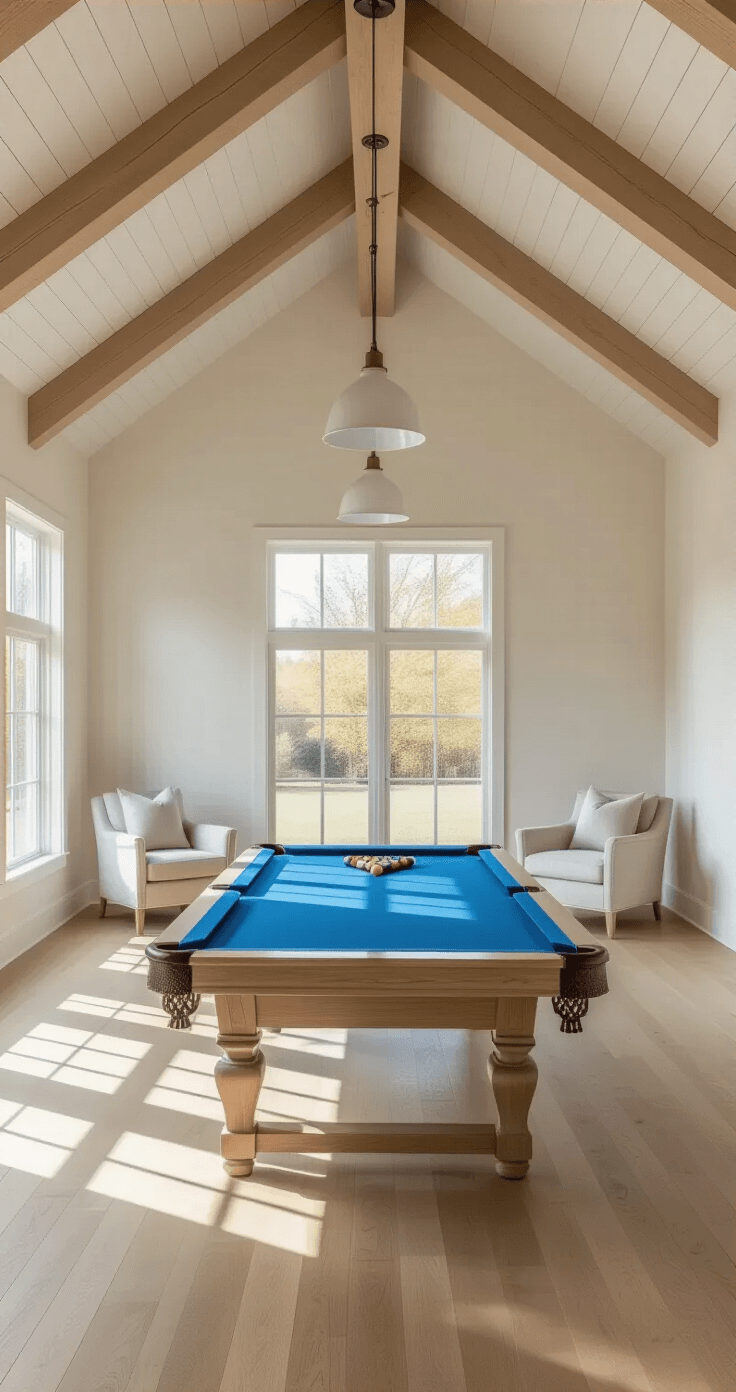 Photorealistic interior of a Scandinavian minimalist pool room featuring a blue-felt pool table, natural wood ceiling beams, pale hardwood floors, and minimal furniture, illuminated by golden hour light.