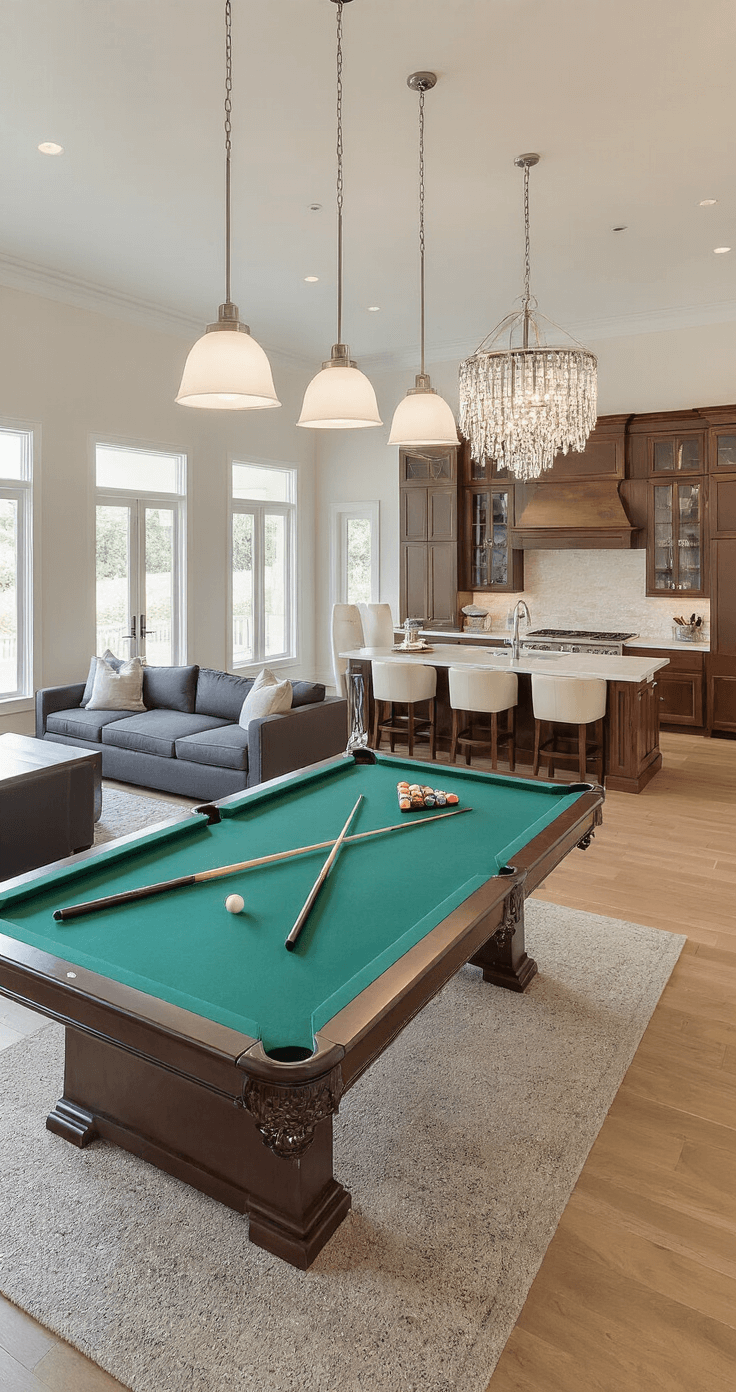 Cinematic wide-angle view of a contemporary open-concept pool room with a 9-foot pool table, built-in bar, and adjoining kitchen and living areas, featuring dark cherry wood accents, pendant lighting, and warm oak flooring in a bright, inviting setting.