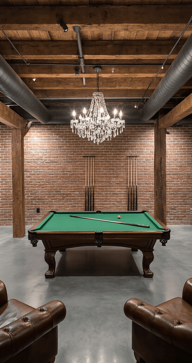 Industrial-style pool room in a converted basement featuring exposed brick walls, a handcrafted pool table with green felt, reclaimed wood beams, polished concrete floors, a crystal chandelier, vintage leather chairs, and ambient Edison bulb lighting.
