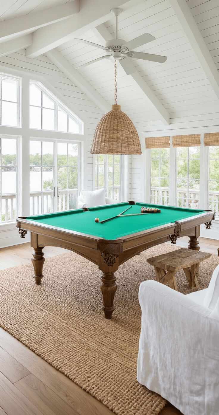 Bright coastal-inspired pool room featuring a classic wooden pool table with emerald green felt, vaulted ceilings, whitewashed pine walls, and ample natural light from large windows, complemented by casual seating and natural materials.