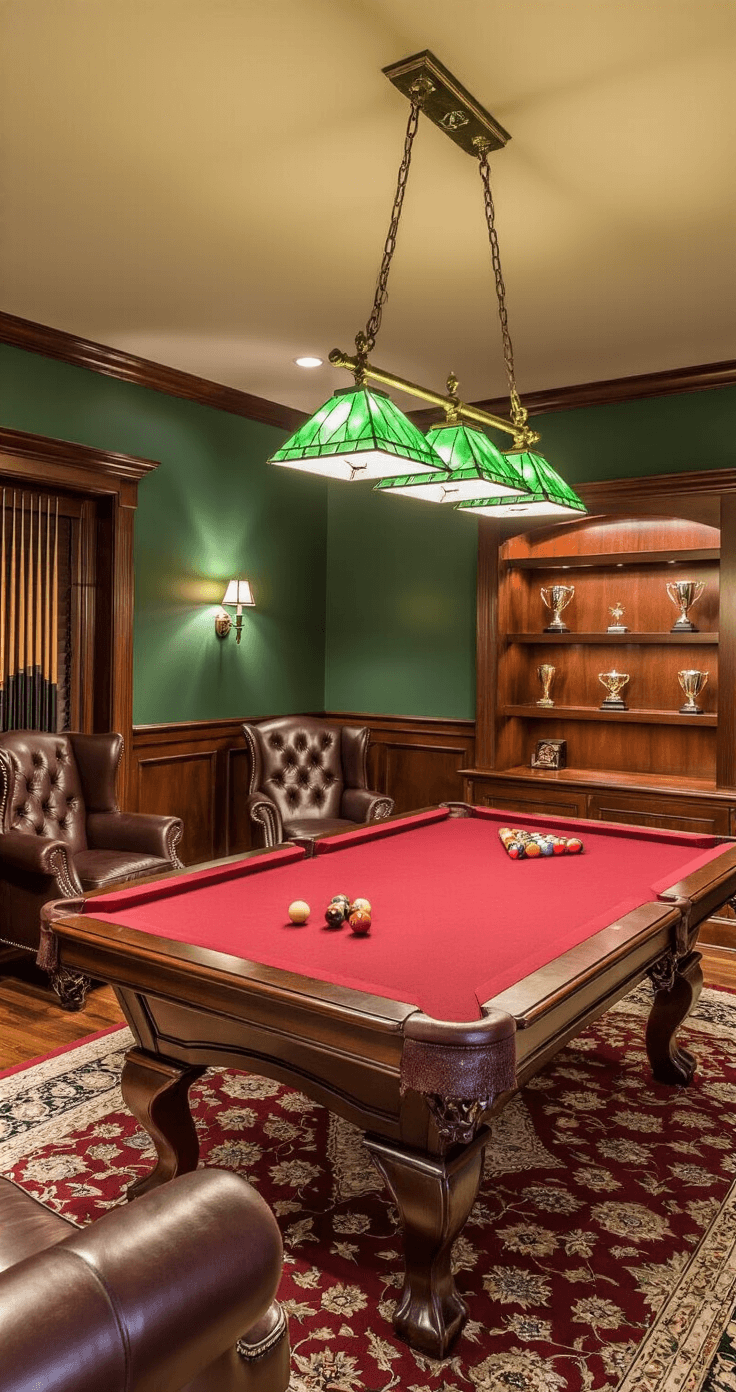 Professional interior photograph of a game room featuring optimal pool room lighting design, showcasing a brass and green glass billiard light above a burgundy felt table, complemented by ambient recessed lighting, picture lights, and LED accents, all set against rich mahogany wainscoting and forest green walls, with leather wingback chairs and a Persian rug enhancing the elegant atmosphere.