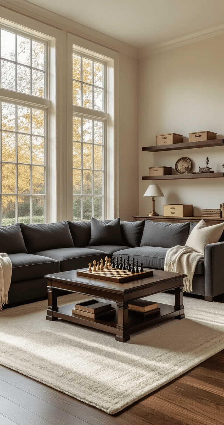 Photorealistic wide-angle view of a sophisticated living room during golden hour, featuring walnut hardwood floors, cream walls, a charcoal gray sectional sofa, a dark walnut coffee table with an ornate chess set, and layered textures including a cream wool rug and brass accents, all bathed in warm natural light.