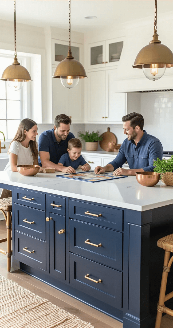 Photorealistic image of a spacious kitchen with white quartz countertops and navy blue cabinetry, featuring a family of four playing a strategy game at a large island, illuminated by warm Edison pendant lights and natural morning light, surrounded by decorative elements like a woven runner, copper bowls, and terracotta pots of herbs.