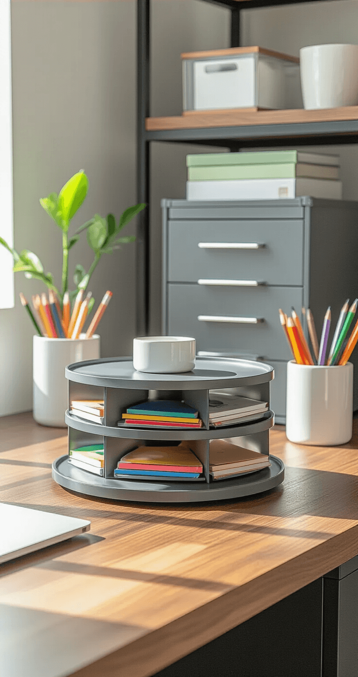 An elegant workspace featuring a rotating desktop organizer on a walnut desk, illuminated by natural afternoon light, with charcoal gray accessories, colorful supplies in clear organizers, and a metal filing cabinet.