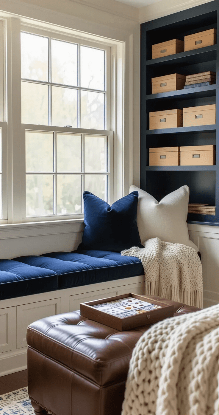 Photorealistic close-up of a cozy bedroom reading nook featuring a window seat with plush navy cushions, a cream throw blanket, and a vintage leather ottoman displaying an elegant two-player card game, surrounded by warm afternoon light and curated board games on built-in shelving.