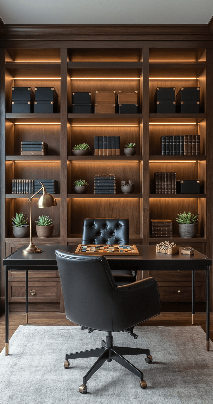 Photorealistic medium shot of a sophisticated home office featuring dark walnut built-in shelving with LED strip lighting, showcasing an array of elegant board games in wooden storage boxes. A sleek black leather chair faces a glass desk with a minimalist strategy game set up, illuminated by a vintage brass desk lamp. Succulents in ceramic planters and leather-bound books add to the decor, with warm lighting highlighting the space's professional yet playful atmosphere.