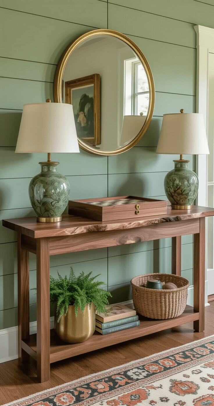 Photorealistic wide shot of a welcoming entryway featuring a live-edge walnut console table and a sage green shiplap accent wall, adorned with a vintage backgammon set as art, decorative lamps, a round brass-framed mirror, green plants, and a Persian runner, all bathed in soft natural light.