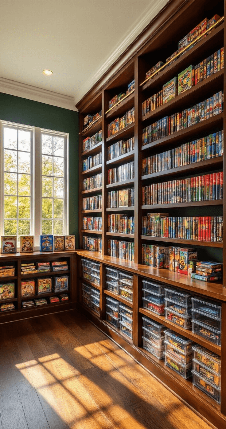 Photorealistic interior of a board game room with floor-to-ceiling shelving filled with colorful game boxes, deep forest green walls, and warm afternoon light; features include mahogany wood shelves, brass brackets, acrylic containers for expansions, and ambient LED lighting.