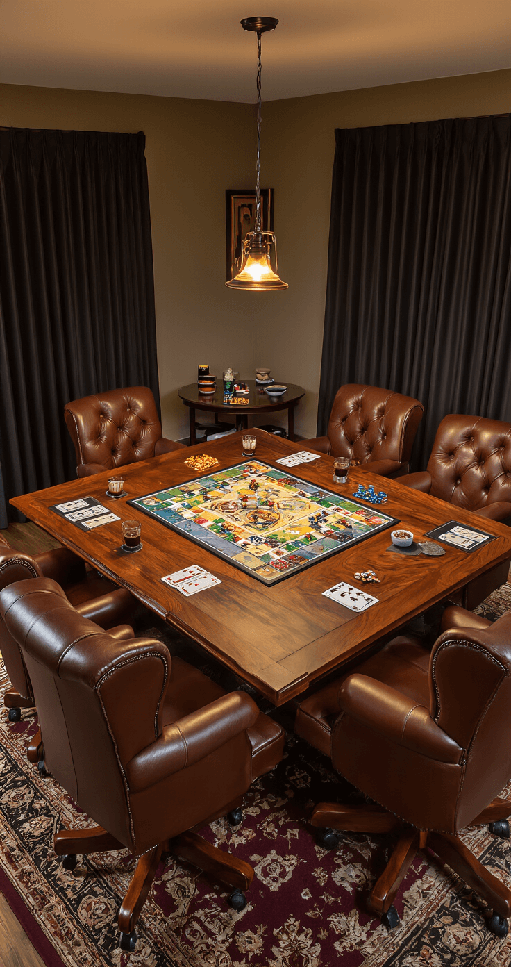 Interior gaming zone with a large hardwood table and six cognac brown leather chairs, featuring an elaborate board game mid-play, illuminated by warm pendant lights, with an intimate evening ambiance created by blackout curtains.