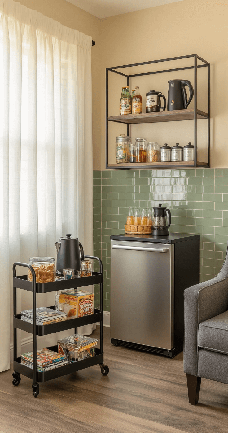 A photorealistic board game room featuring a stainless steel mini-fridge with glass door, floating shelves with glassware, and an industrial black beverage cart with a coffee maker and electric kettle, illuminated by soft morning light through sheer curtains. The warm cream walls and sage green subway tile provide a cozy backdrop for the charcoal armchair and side table with gaming magazines, all set on polished hardwood floors.