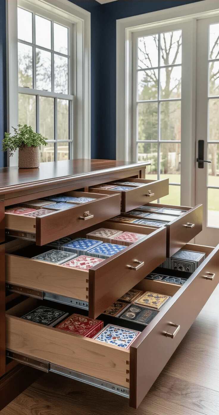 Interior storage display featuring custom cherry wood drawer systems with pull-out compartments, organized card games, and small gaming accessories; clear dividers in uniform protective cases, soft-close mechanisms, and brushed nickel hardware; illuminated by late afternoon light against a navy blue wall, showcasing meticulous organization and elegant brass nameplate holders.