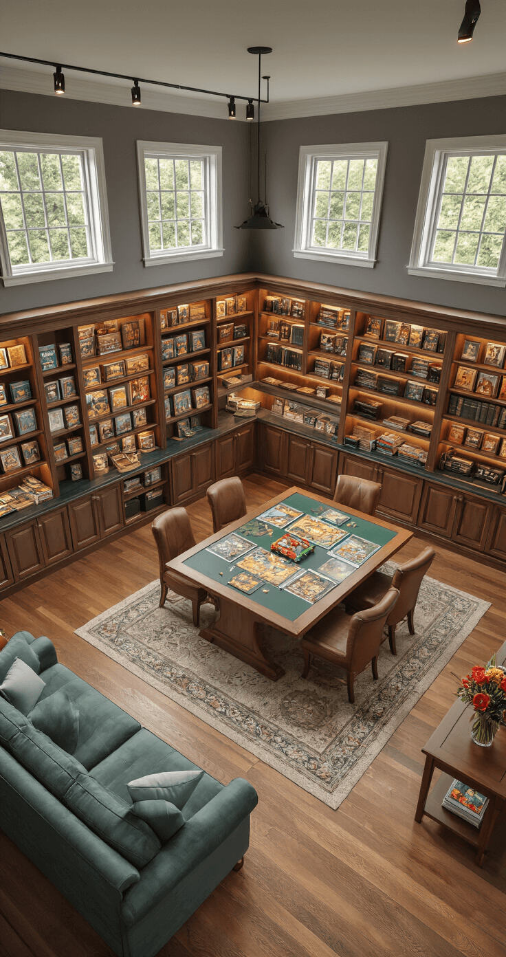 Photorealistic wide-angle view of a game room featuring a central gaming table, extensive game shelving, and a compact refreshment area, all harmoniously integrated with warm colors and abundant natural light, designed for social gatherings.