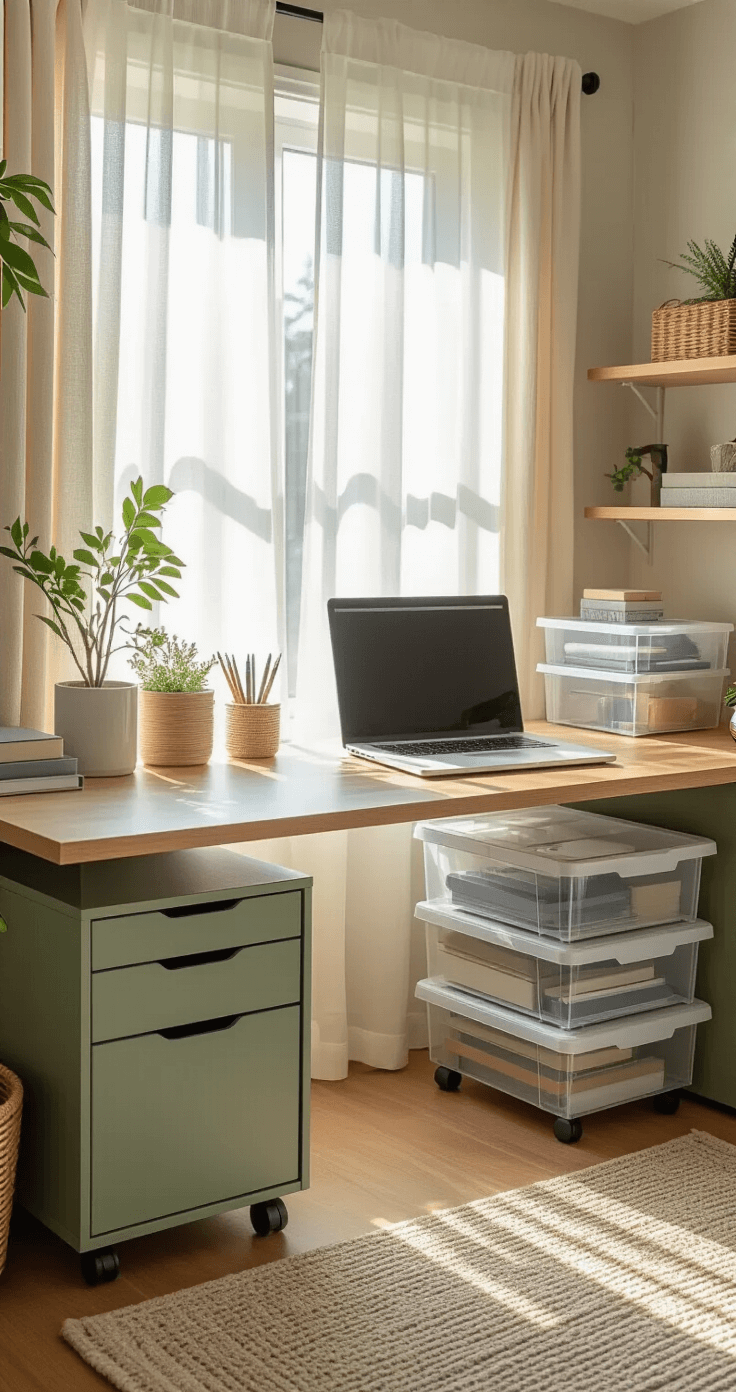 A compact home office features a partially extended under-desk rolling drawer unit revealing organized contents. Morning light filters through sheer curtains, illuminating a desk with clear plastic stackable drawers and a desk-side filing cabinet. The color palette includes sage green and natural wood. Hanging organizers are attached to the desk edge, emphasizing clever space utilization and functional design in a low-angle shot.
