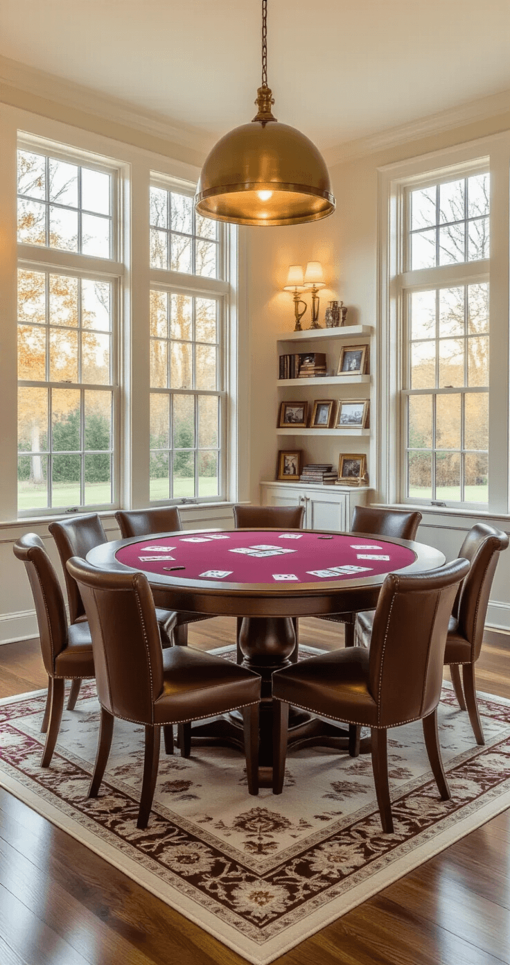 Sophisticated living room with an elegant convertible poker dining table, warm natural light from west-facing windows, mahogany table with burgundy felt, leather dining chairs, layered lighting, and decorative shelving.