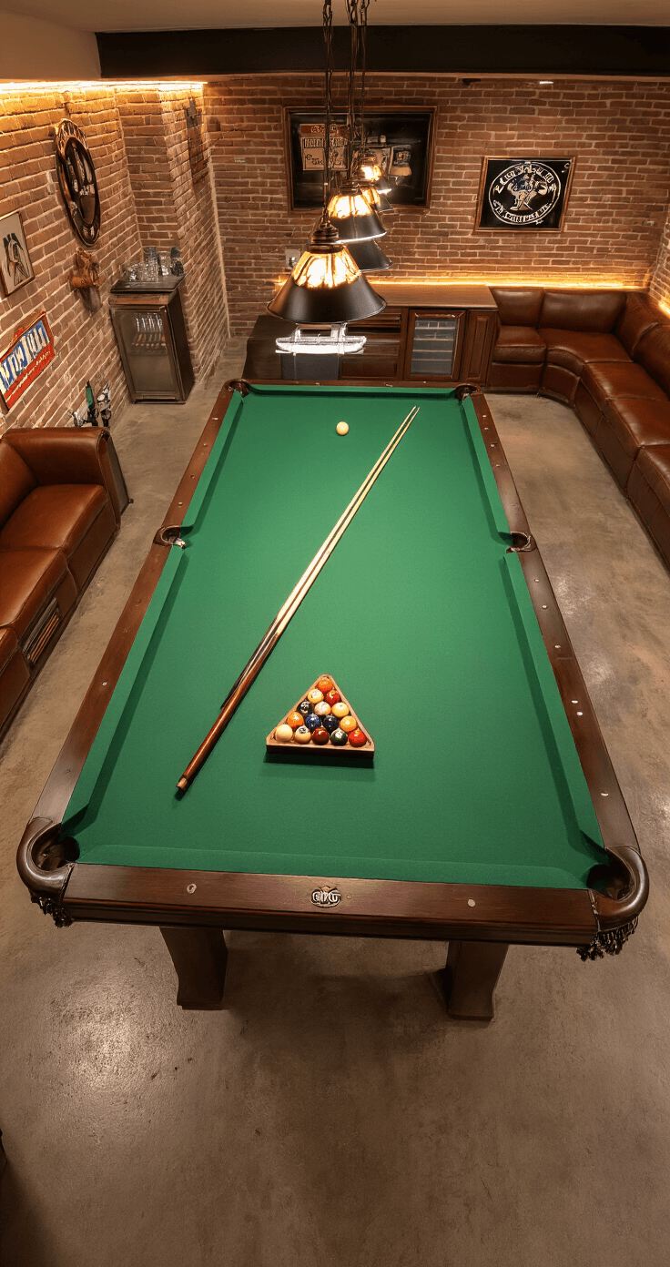 A spacious basement game room featuring a 9-foot Brunswick slate pool table with forest green felt, exposed brick walls, polished concrete floors, and ambient lighting, complemented by cognac leather seating and decorative vintage signs.