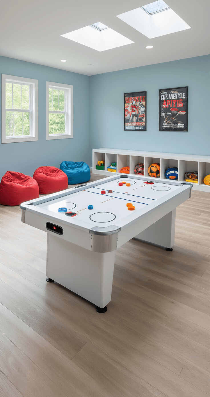 A bright family recreation room featuring a sleek air hockey table, illuminated by natural light from skylights, surrounded by light oak flooring and pale blue walls; with colorful bean bag chairs, modern storage cubbies, and motivational sports posters enhancing the energetic atmosphere.
