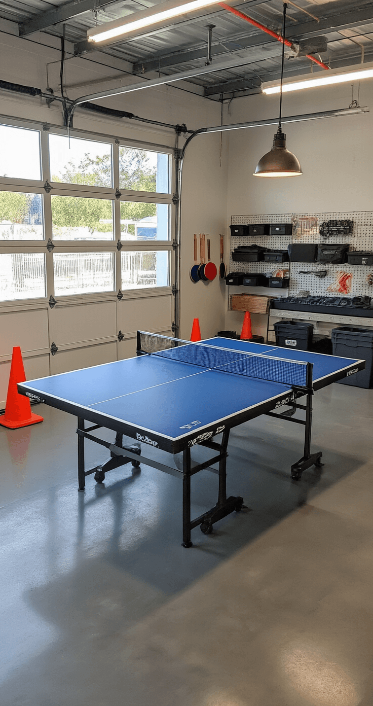 Versatile garage-converted game space with a blue Butterfly ping pong table, epoxy-coated gray floors, and industrial-style pendant lights, featuring natural light from large windows, organized paddles and balls, and sports equipment storage along white walls.