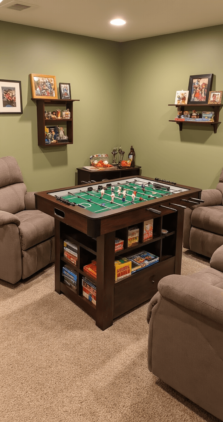 A cozy bonus room featuring a 12-in-1 multi-game table, warm LED lighting, sage green walls, and organized game accessories, with comfortable recliners, a side table of snacks, and a personal gallery wall.