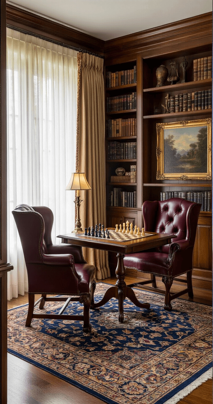 An elegant chess nook in a den features an ornate mahogany chess table with crystal pieces, flanked by burgundy leather wingback chairs, rich Persian rug, built-in bookshelves, and warm honey-toned hardwood floors, all illuminated by soft natural light.