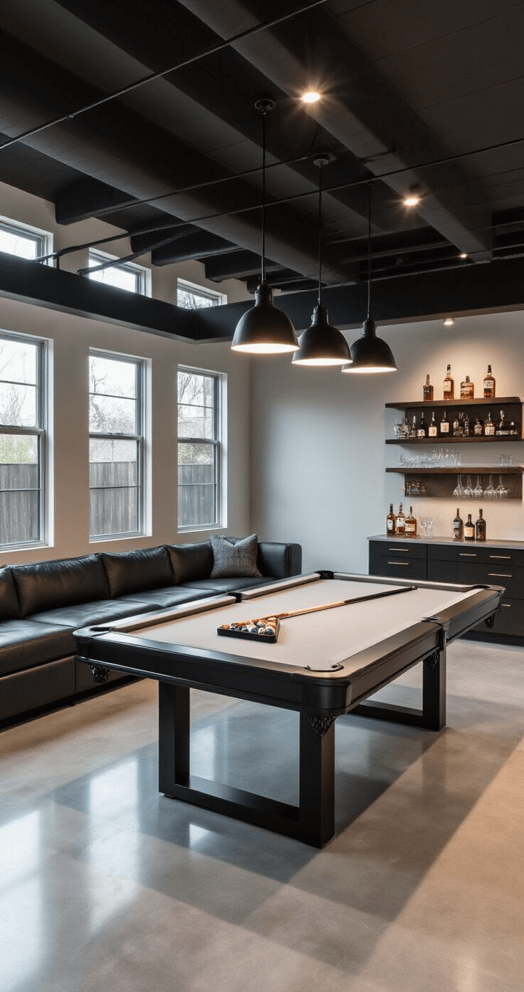 Modern basement game room featuring a sleek pool table, exposed ductwork, natural light, leather seating, and industrial accents, shot from an elevated corner angle.