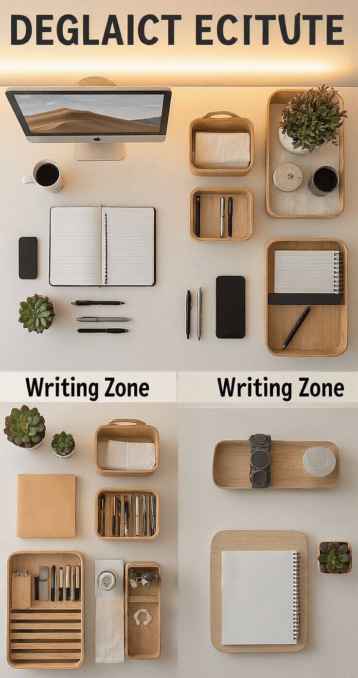 A well-organized desktop viewed from above, featuring distinct zones: a computer area on the right, a writing zone on the left with a notebook and pens, and a supply zone behind an elevated monitor. A personal zone includes a succulent, water bottle, and phone charging pad. The white desk contrasts with warm wood organizers, all illuminated by soft evening lighting.